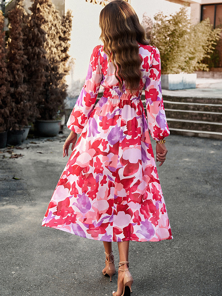 printed v-neck long sleeve midi dress