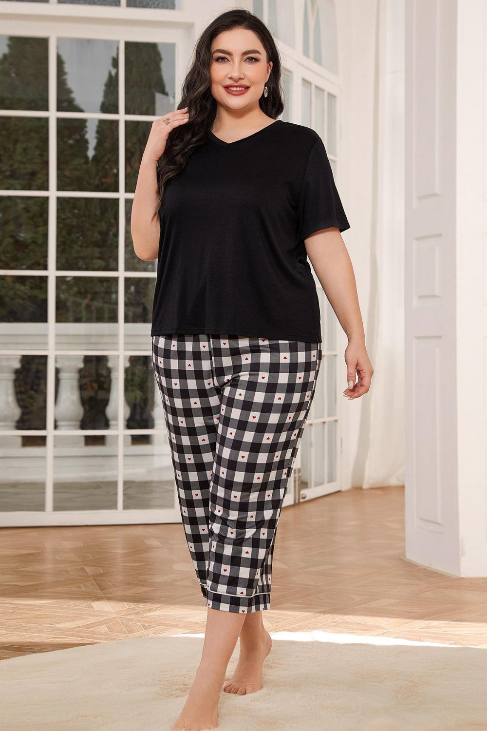 v-neck tee and plaid cropped pants lounge set