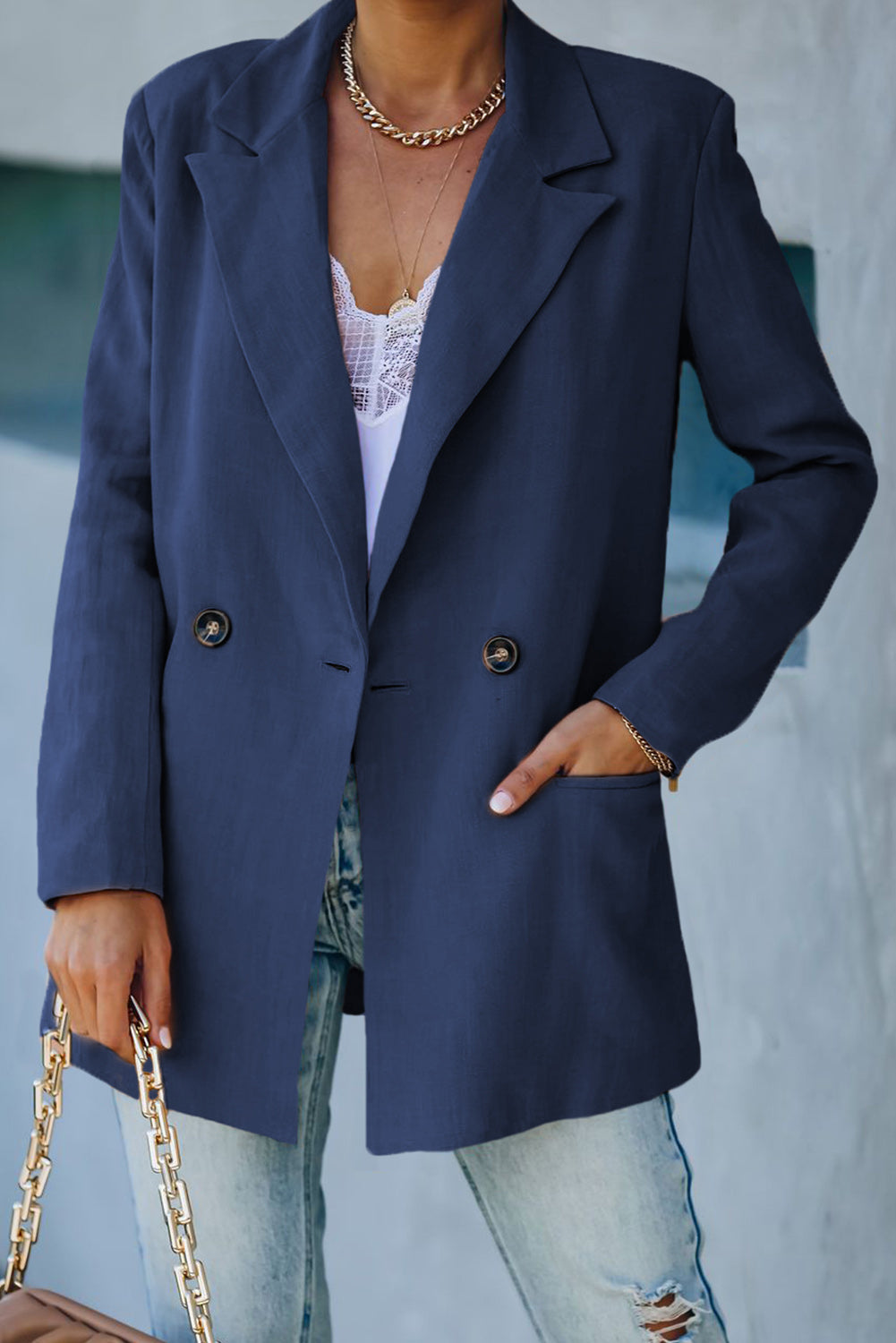 double take double-breasted padded shoulder blazer with pockets