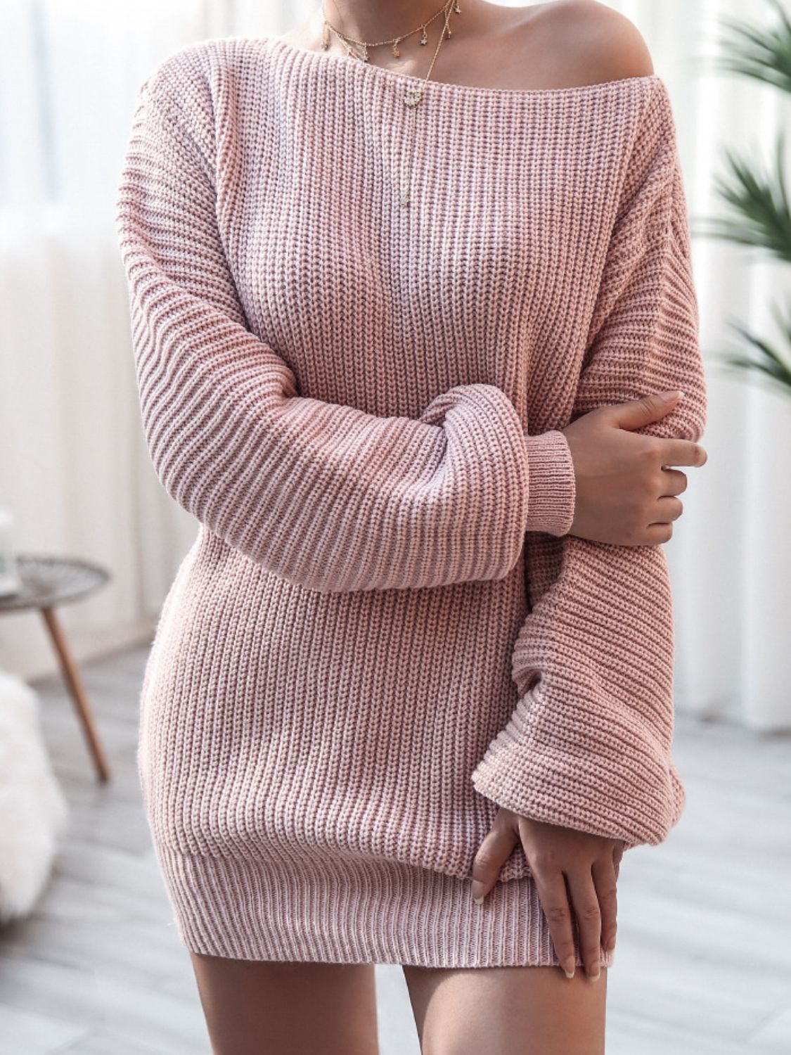 rib-knit balloon sleeve boat neck sweater dress