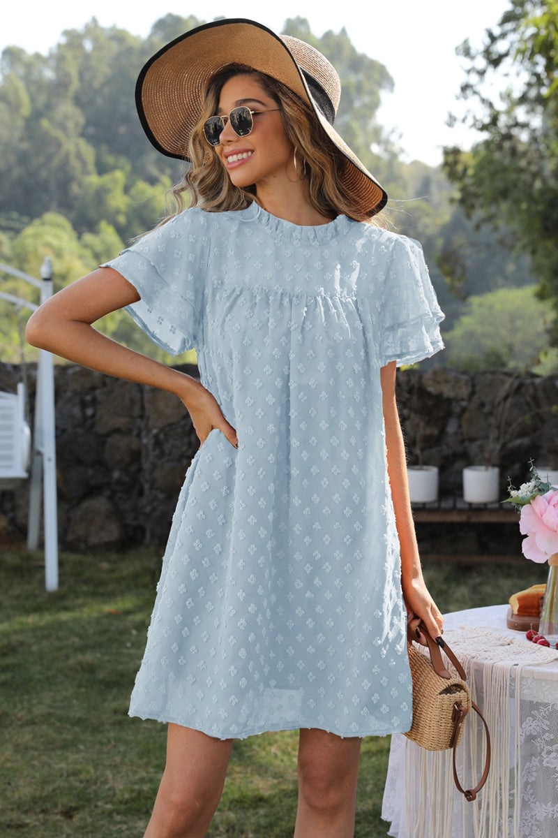 swiss dot round neck flutter sleeve dress