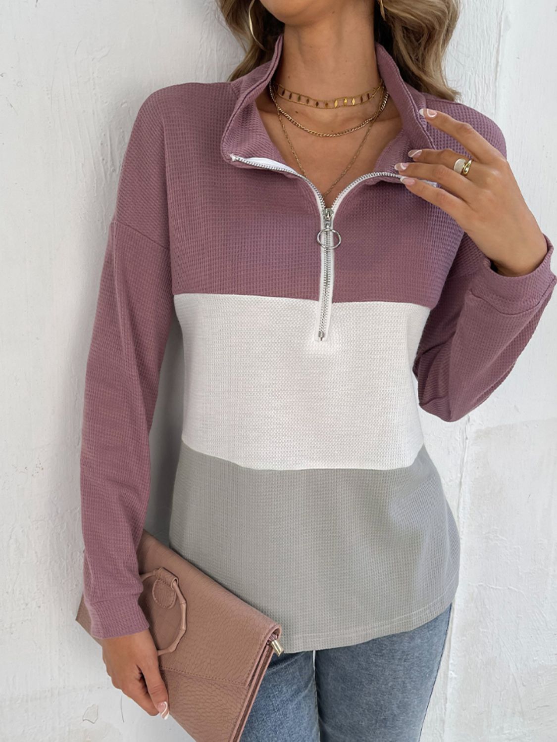double take color block dropped shoulder waffle-knit zipper front blouse
