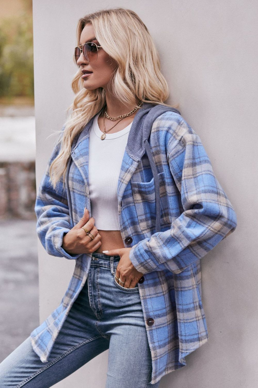 plaid dropped shoulder hooded longline jacket