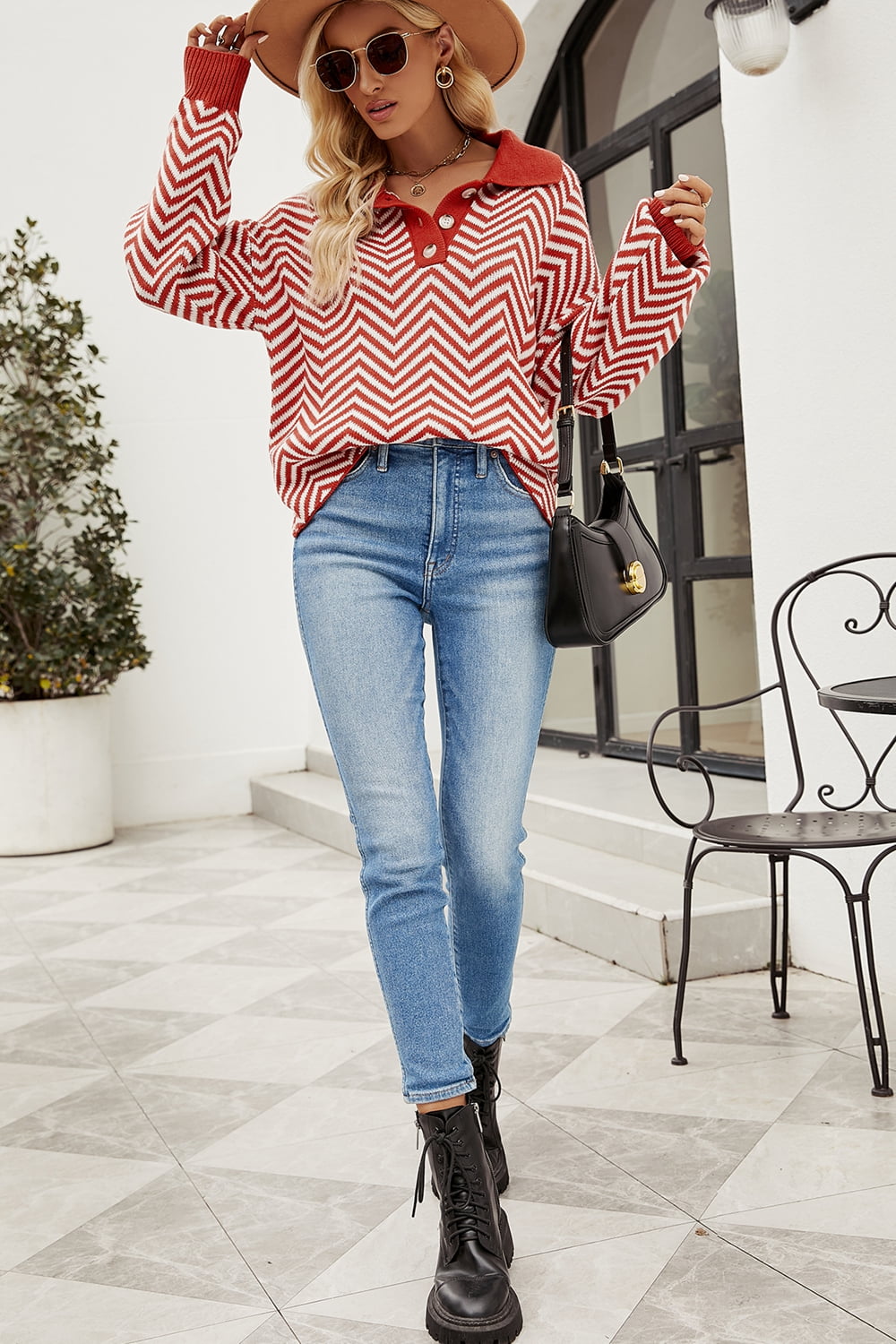 striped collared neck buttoned pullover sweater