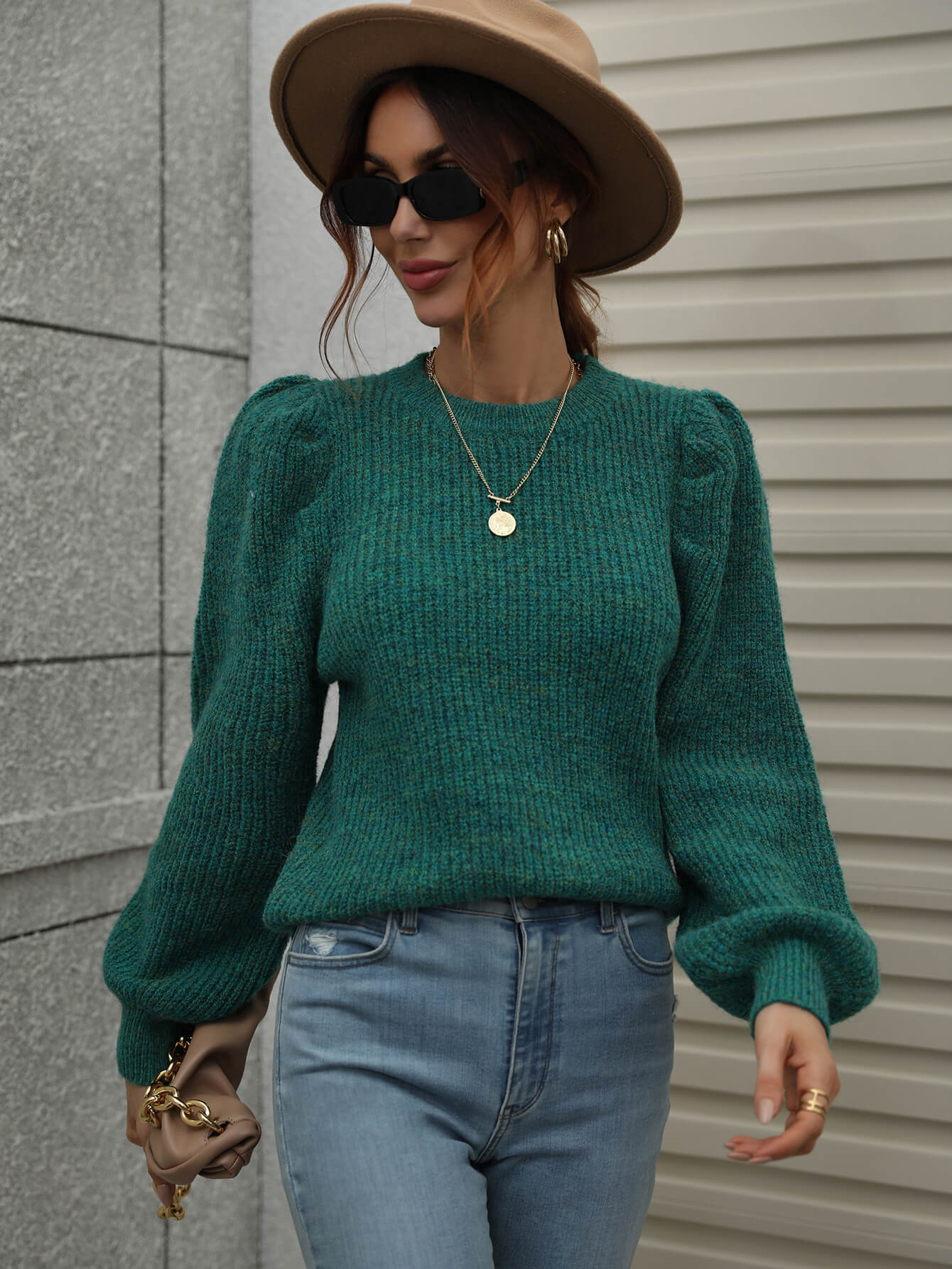 woven right heathered long lantern sleeve rib-knit sweater