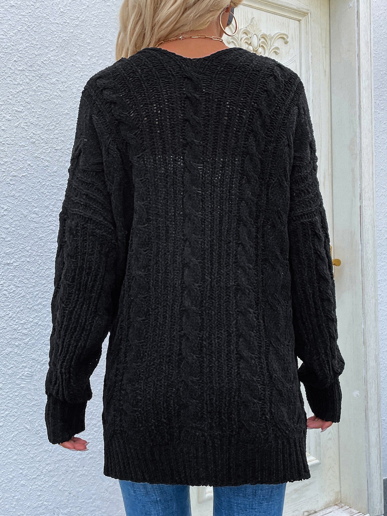 woven right cable-knit open front cardigan with front pockets