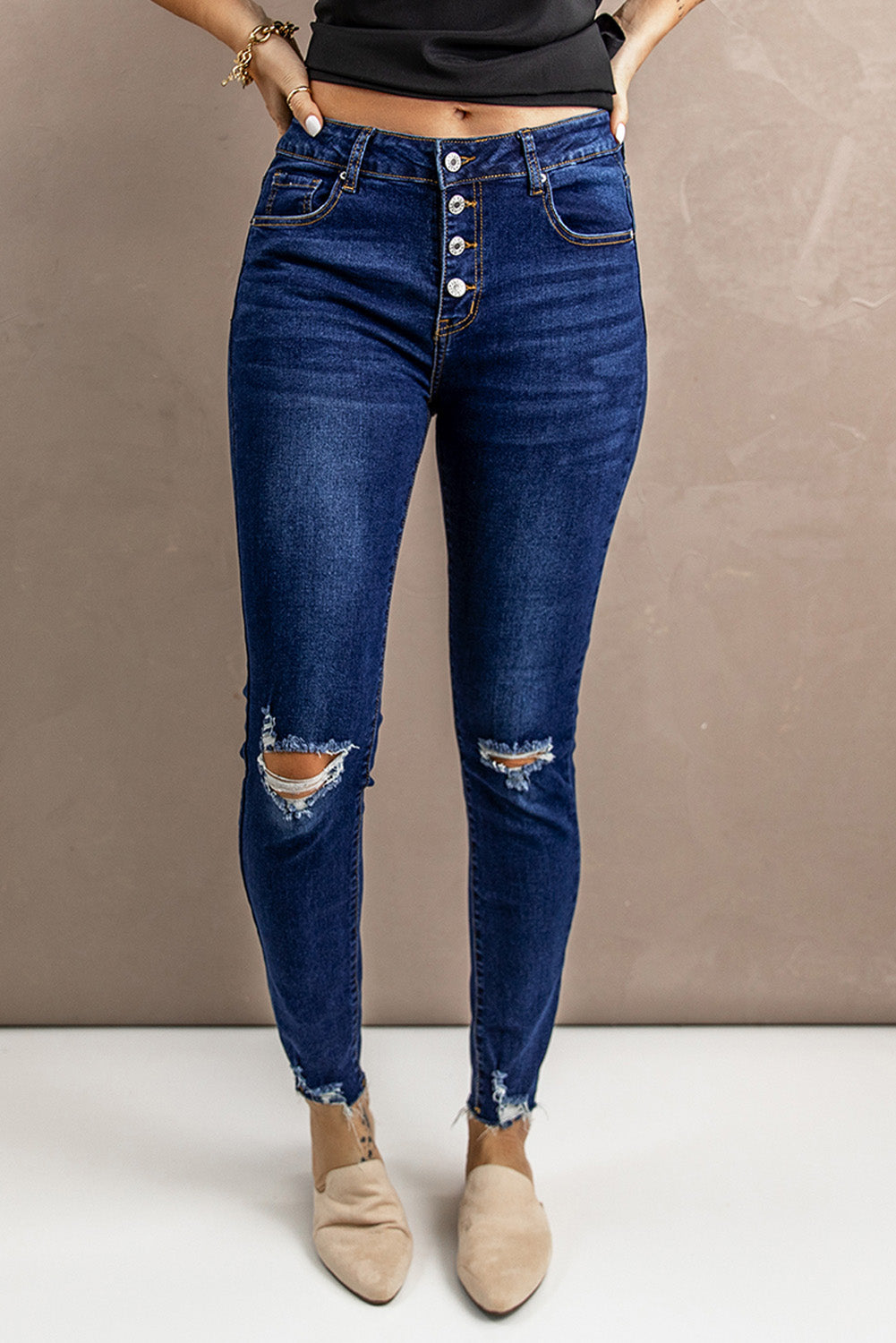 baeful distressed button fly skinny jeans