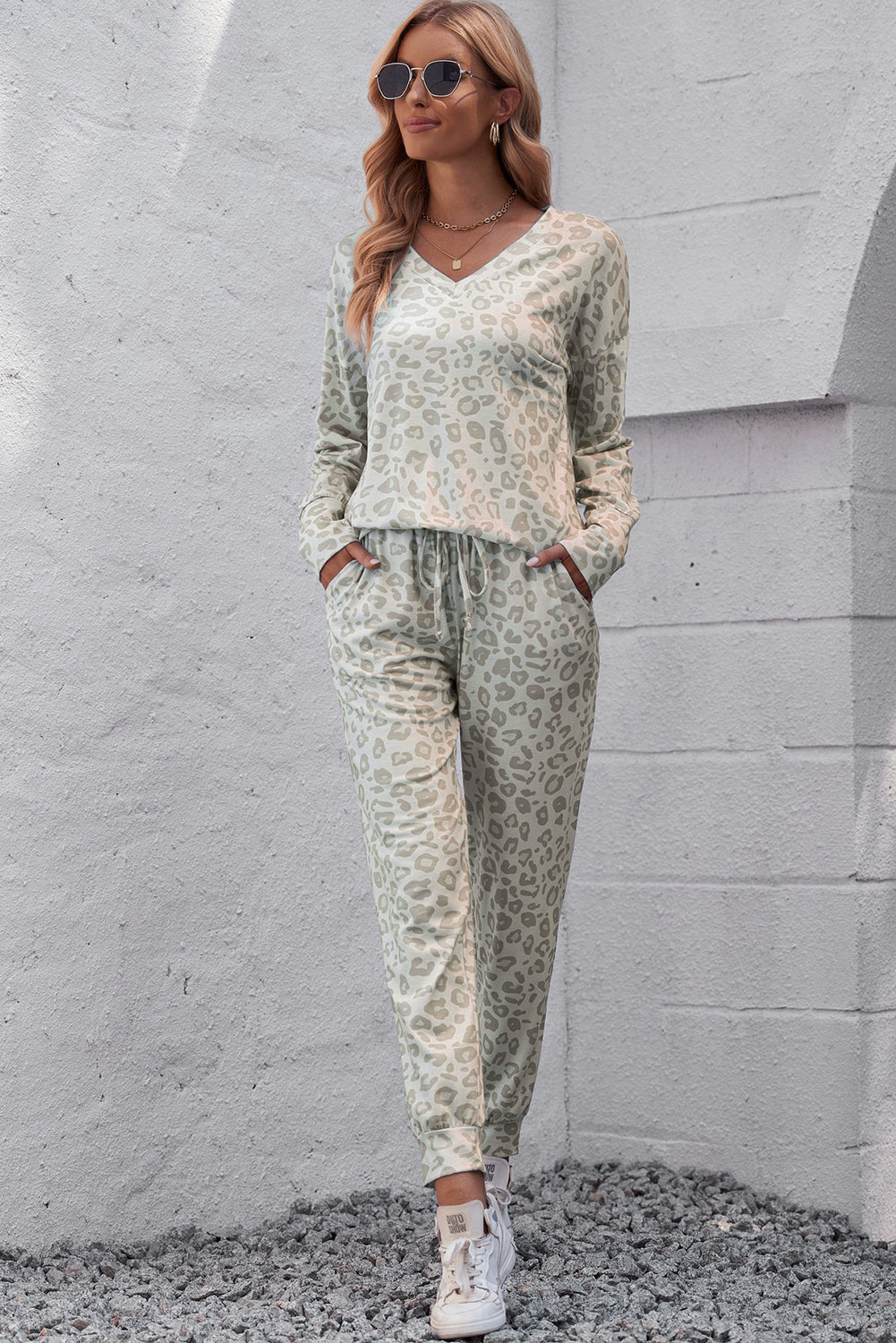 leopard v-neck top and drawstring joggers lounge set