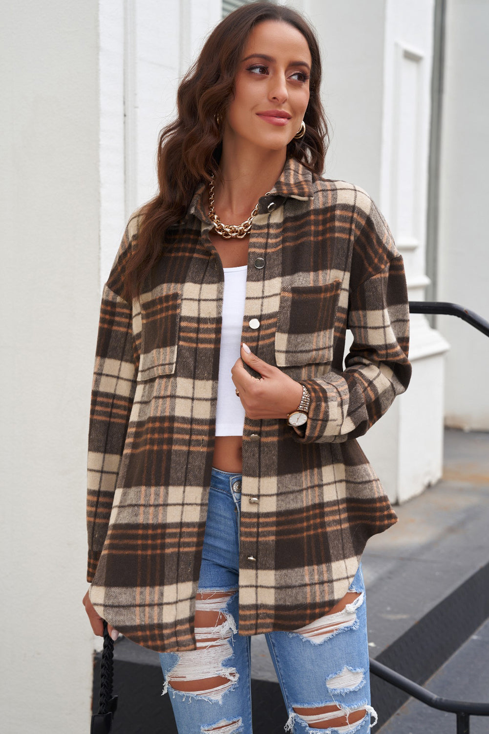 plaid curved hem dropped shoulder longline shirt jacket