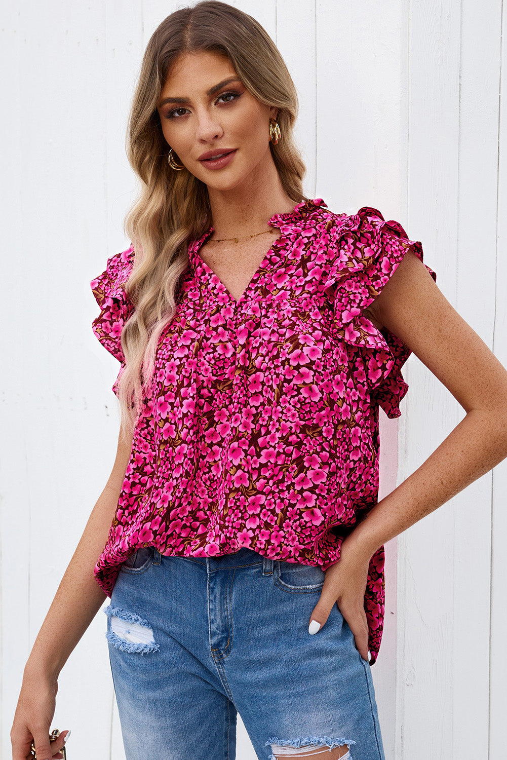 floral flutter sleeve notched neck blouse