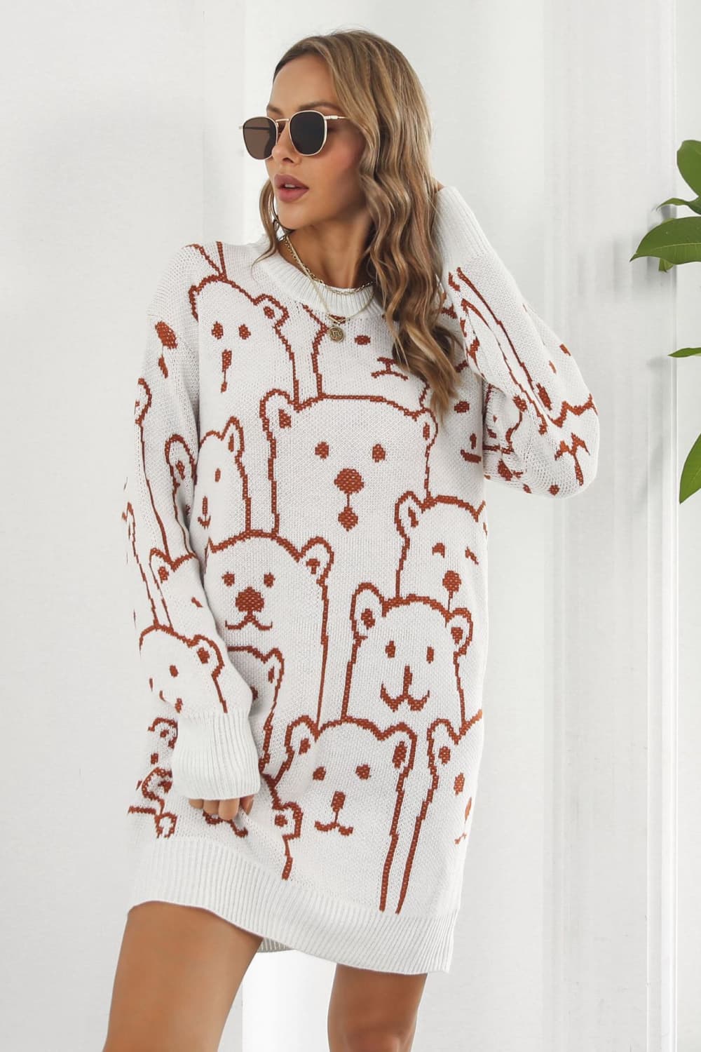 bear pattern round neck sweater dress