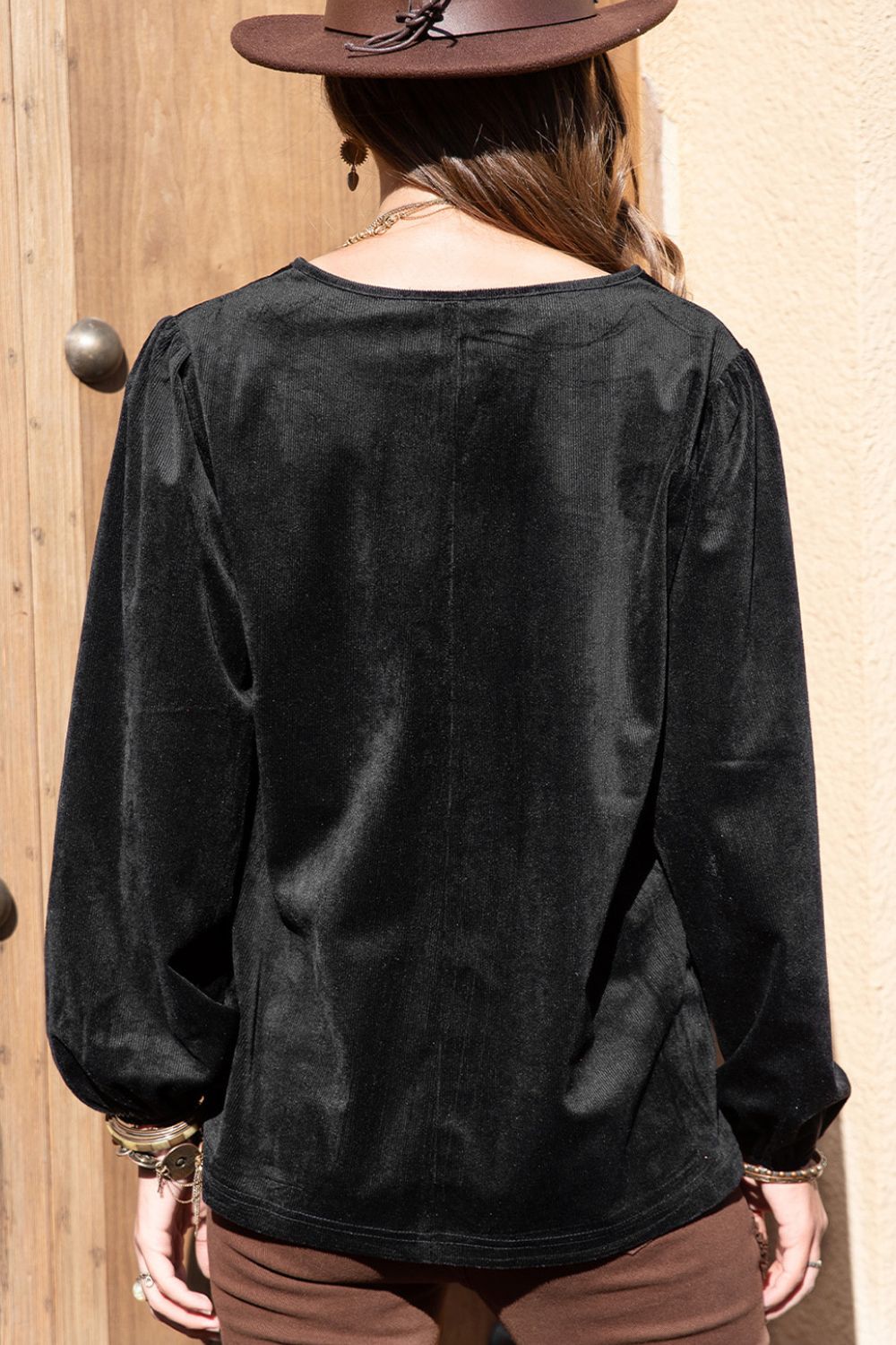 notched neck long sleeve blouse