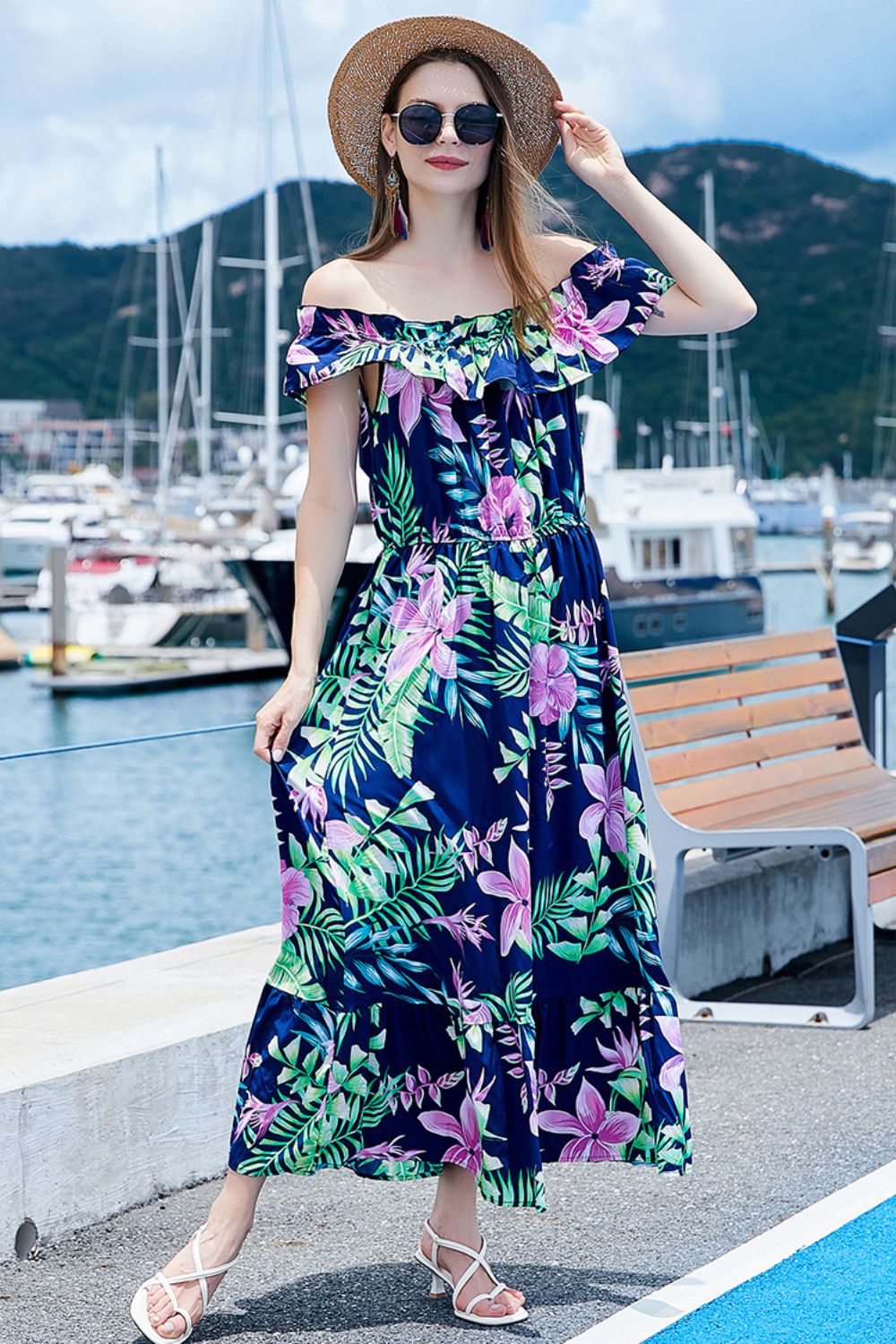 full size ruffled off-shoulder flutter sleeve maxi dress