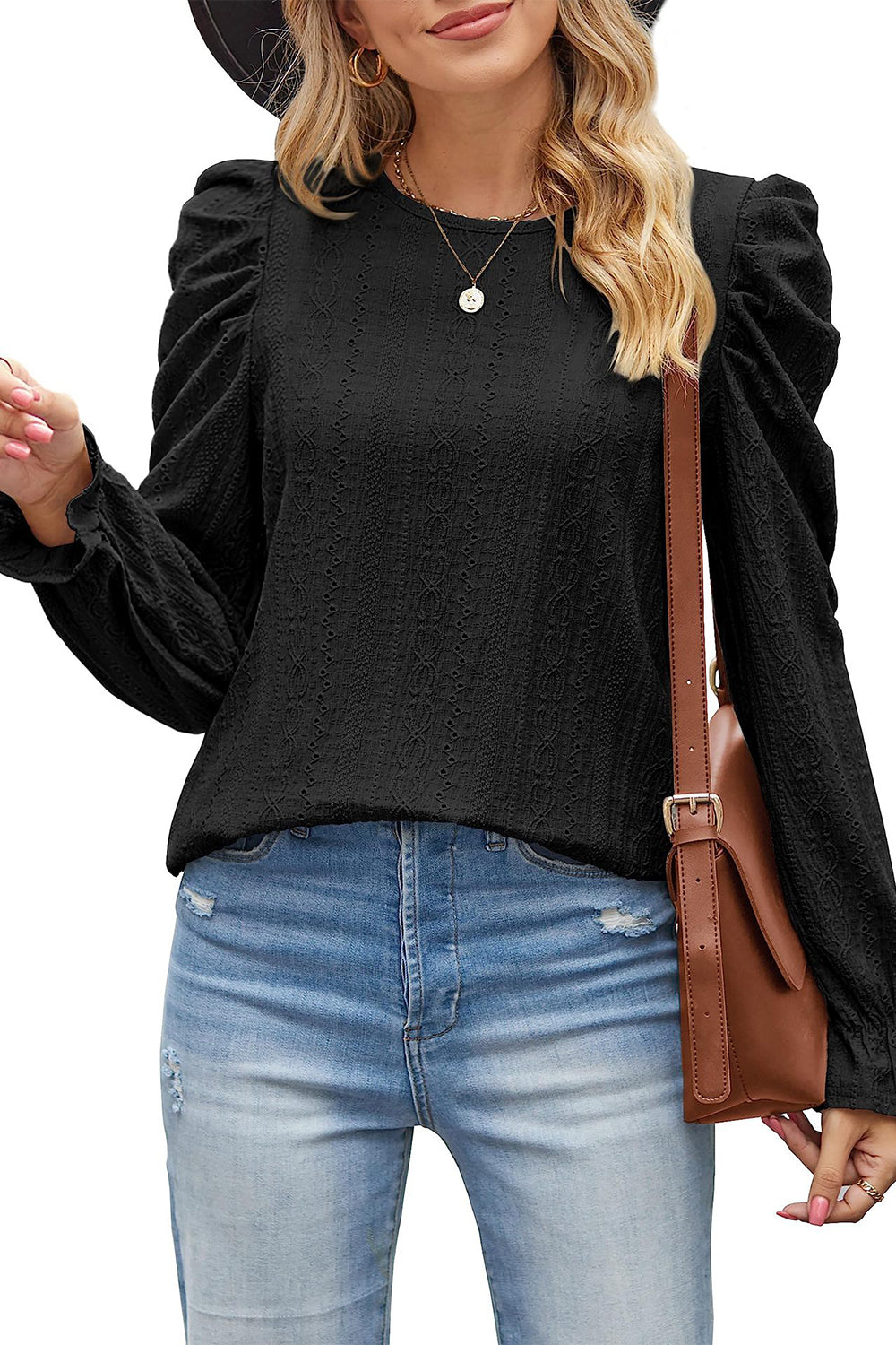 round neck puff sleeve blouse