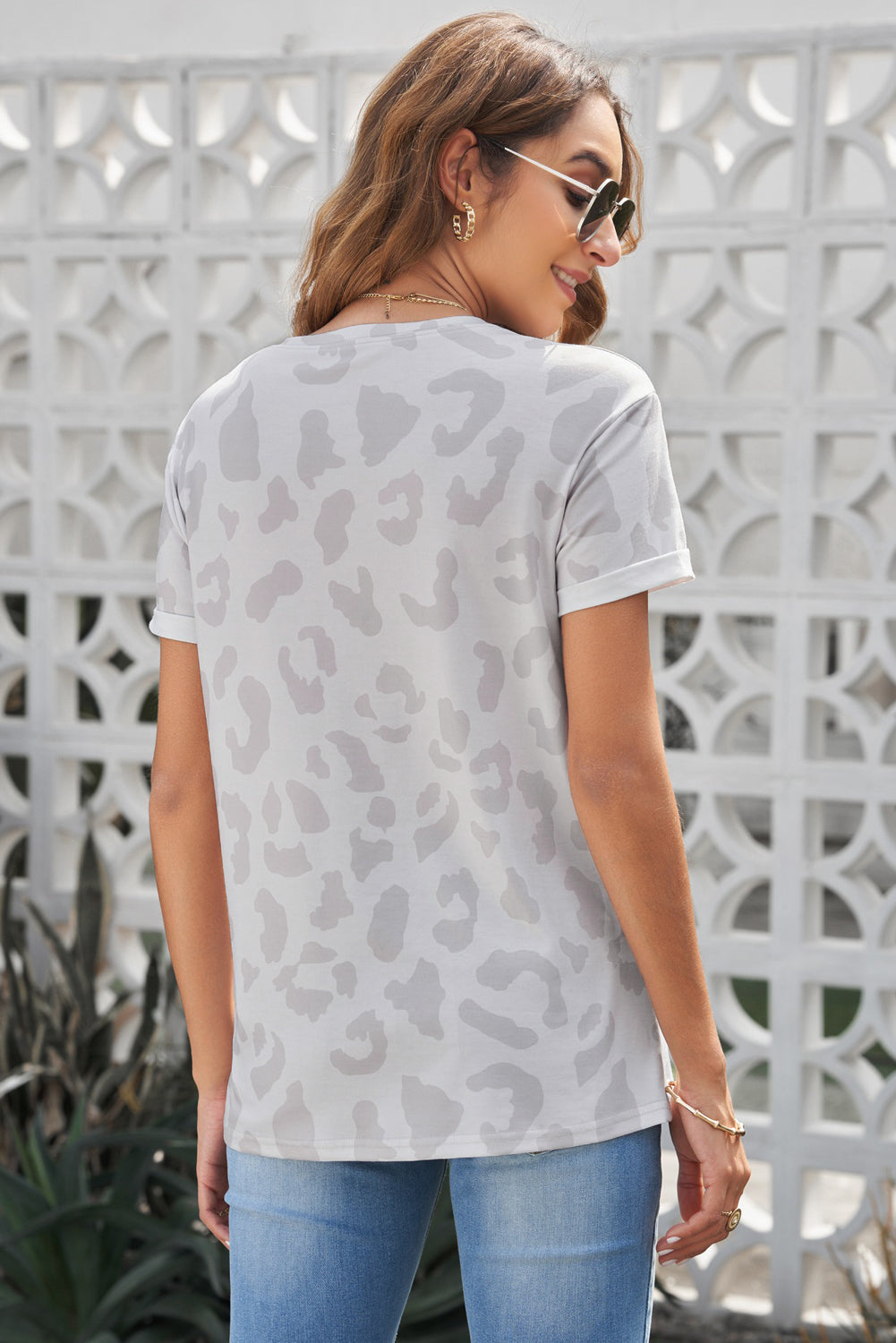 leopard good vibes cuffed tee shirt