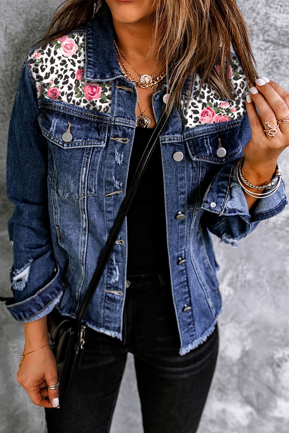 mixed print distressed button front denim jacket