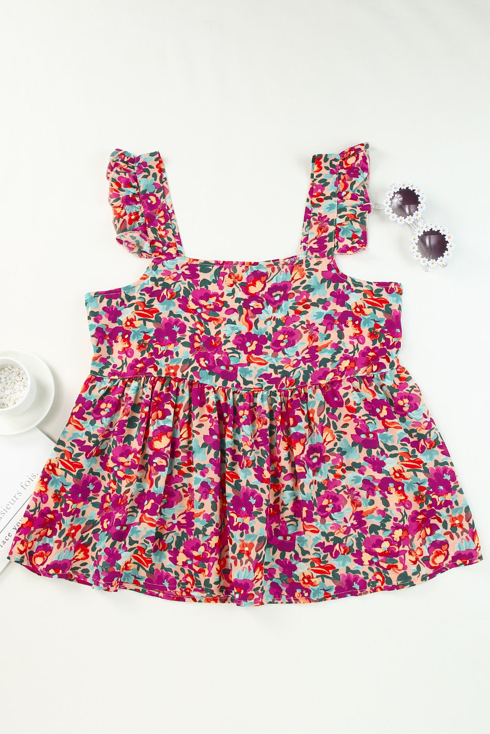 floral buttoned square neck ruffled tank