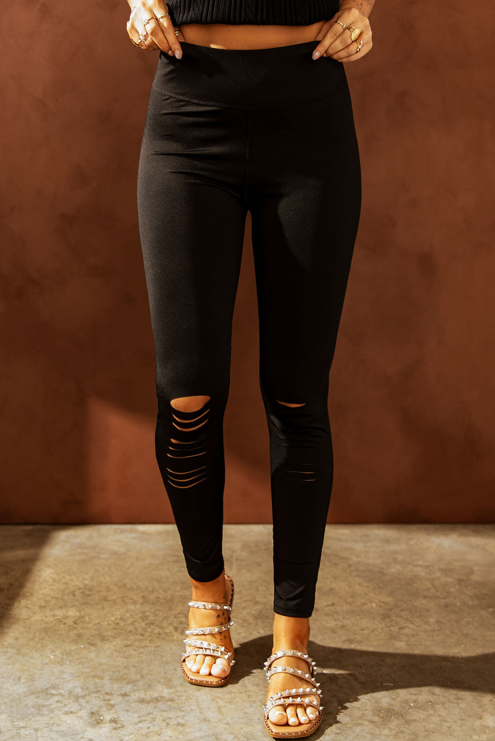 double take wide waistband distressed slim fit leggings