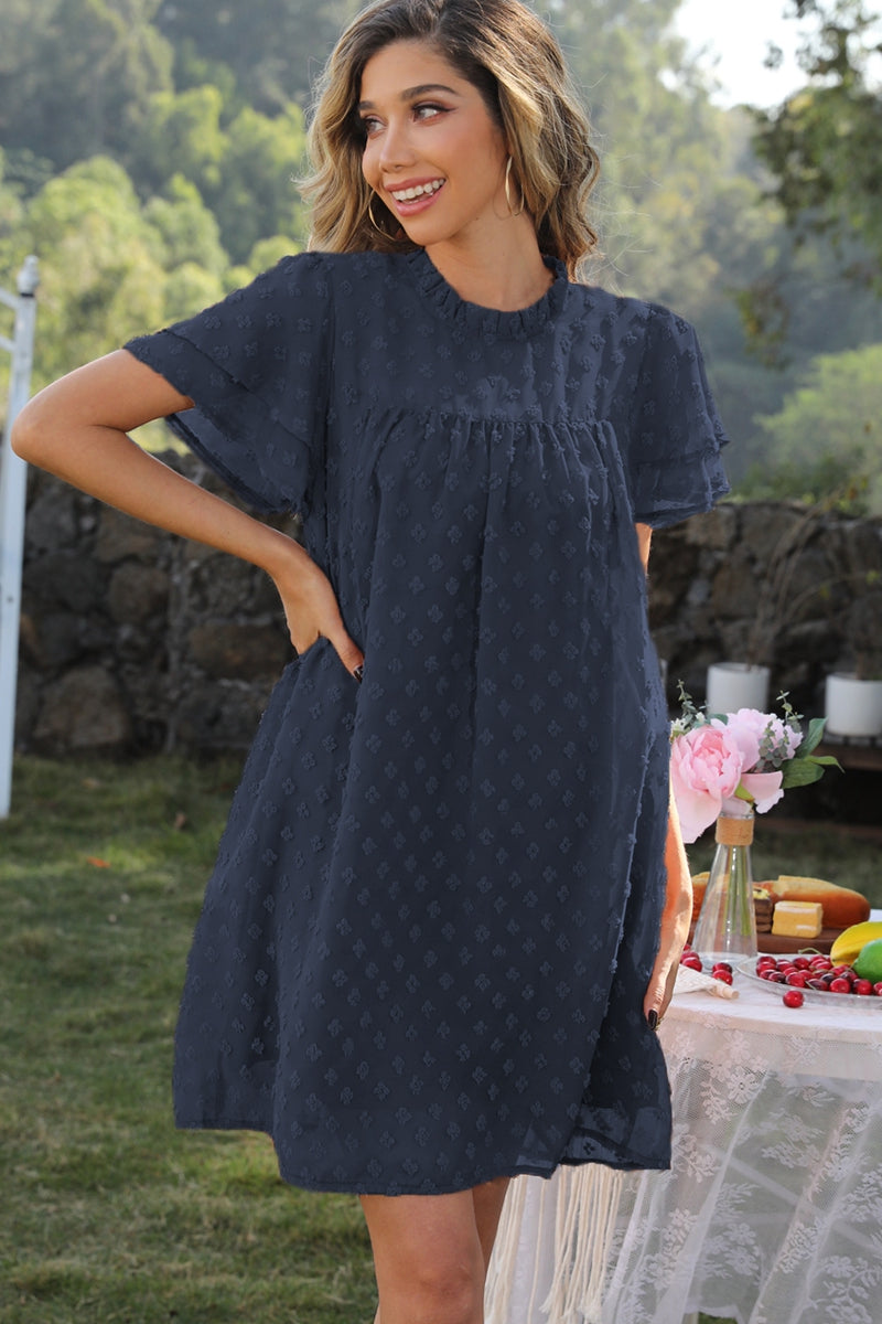 swiss dot round neck flutter sleeve dress