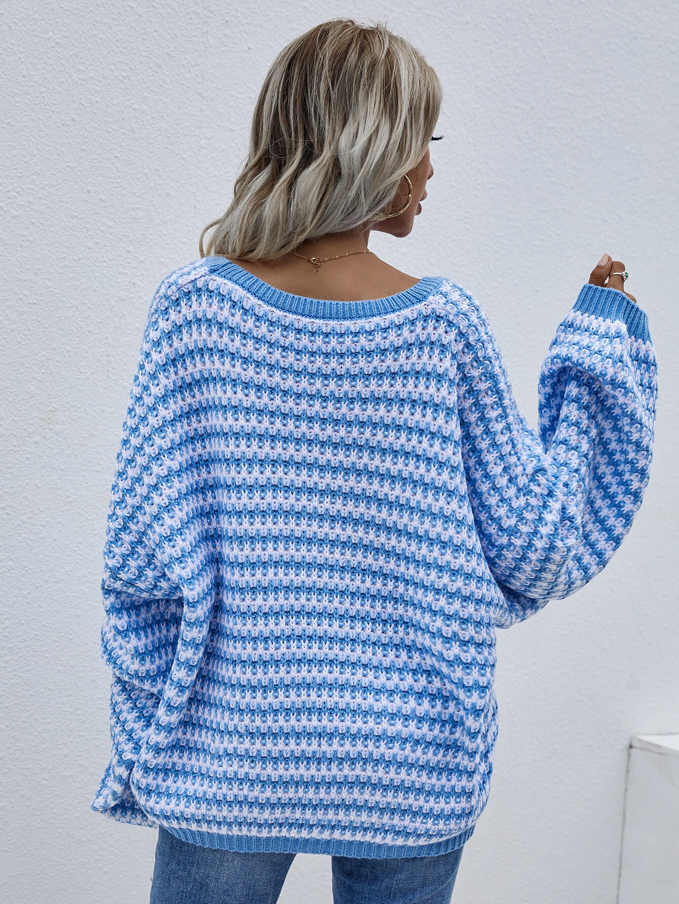 striped drop shoulder v-neck pullover sweater