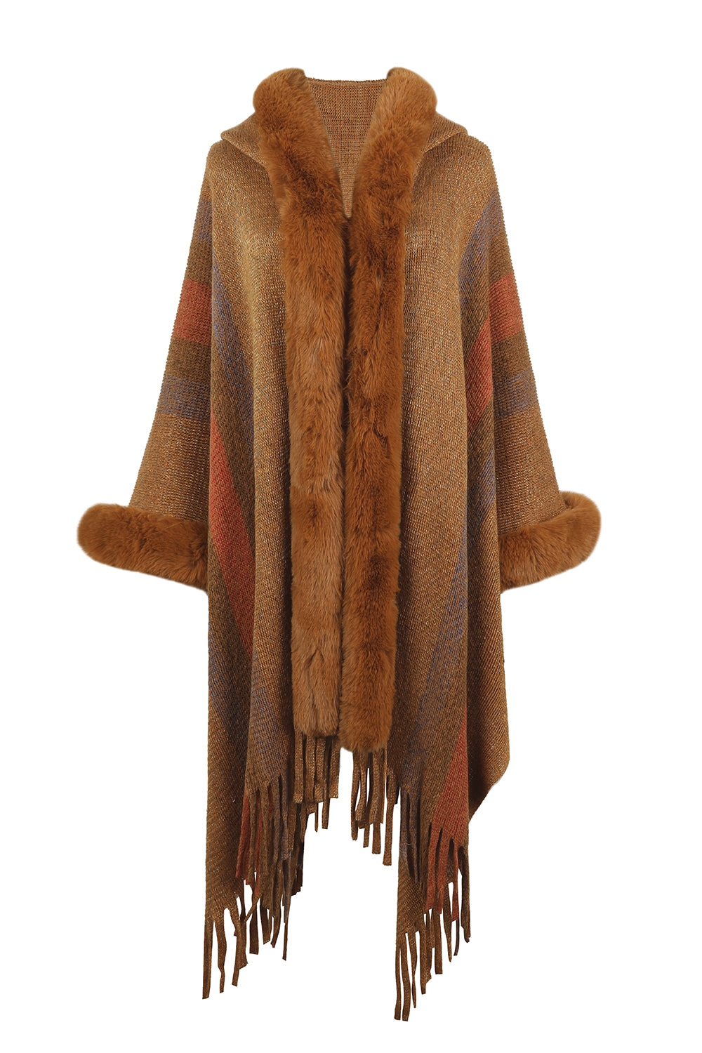 color block fringe detail poncho