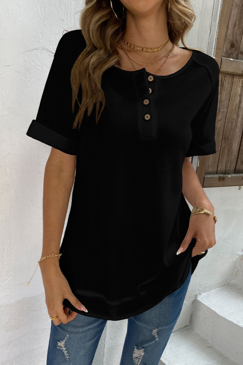 cuffed sleeve henley top