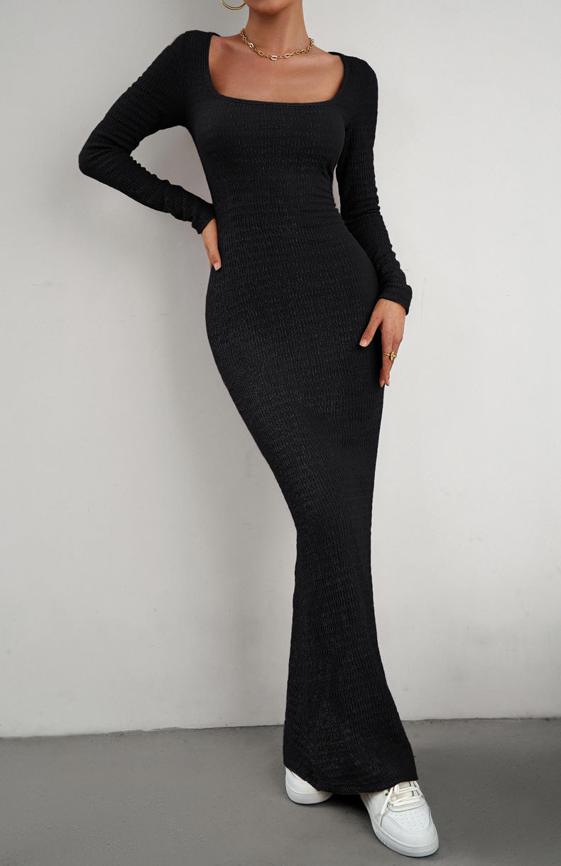 long sleeve square neck maxi bodycon dress