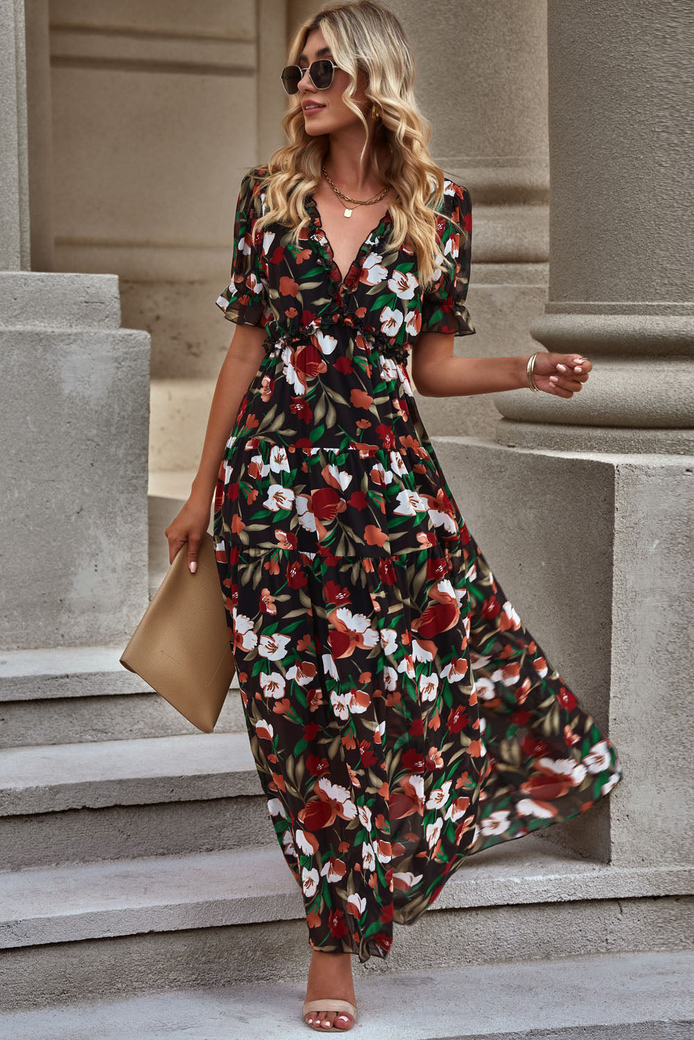 floral v-neck short flounce sleeve dress