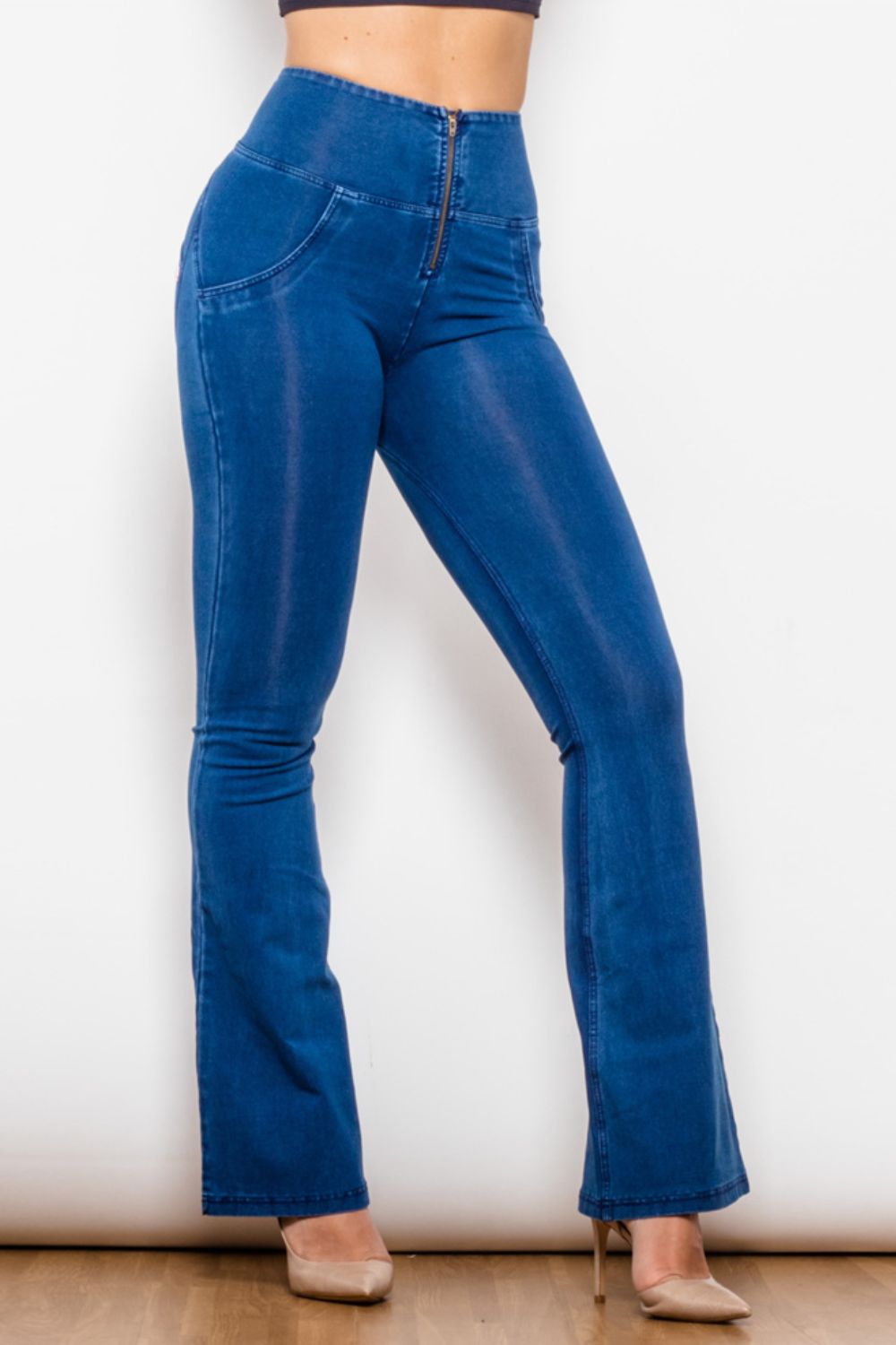 high waist zip detail  flare long jeans