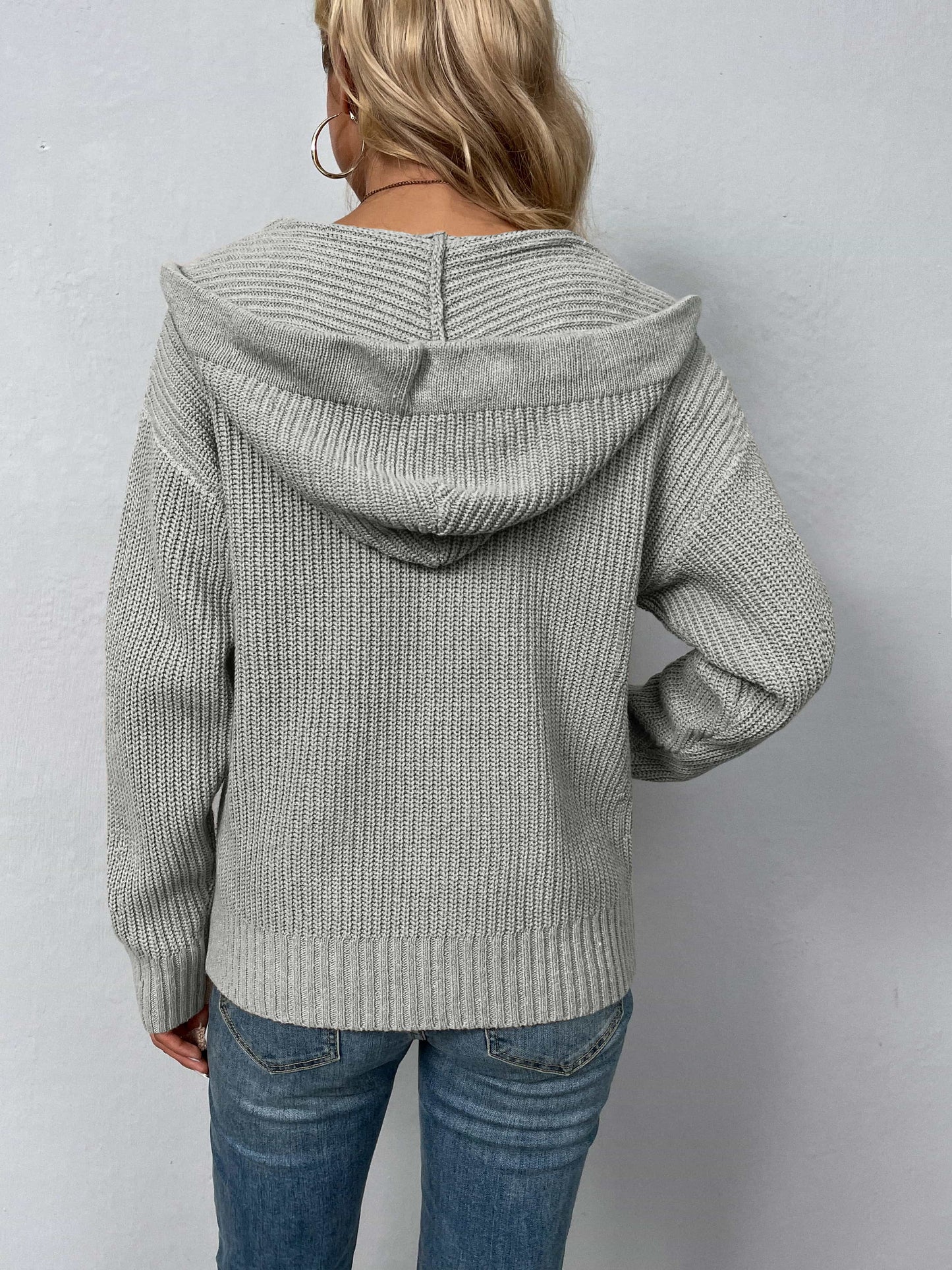 zip-up drawstring detail hooded cardigan