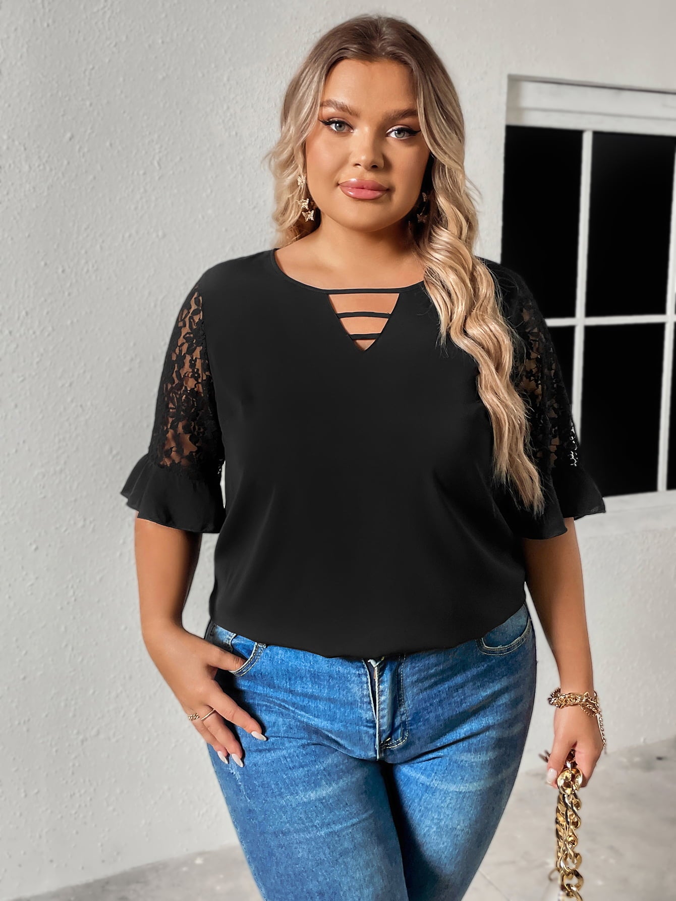 plus size cutout round neck spliced lace flounce sleeve blouse