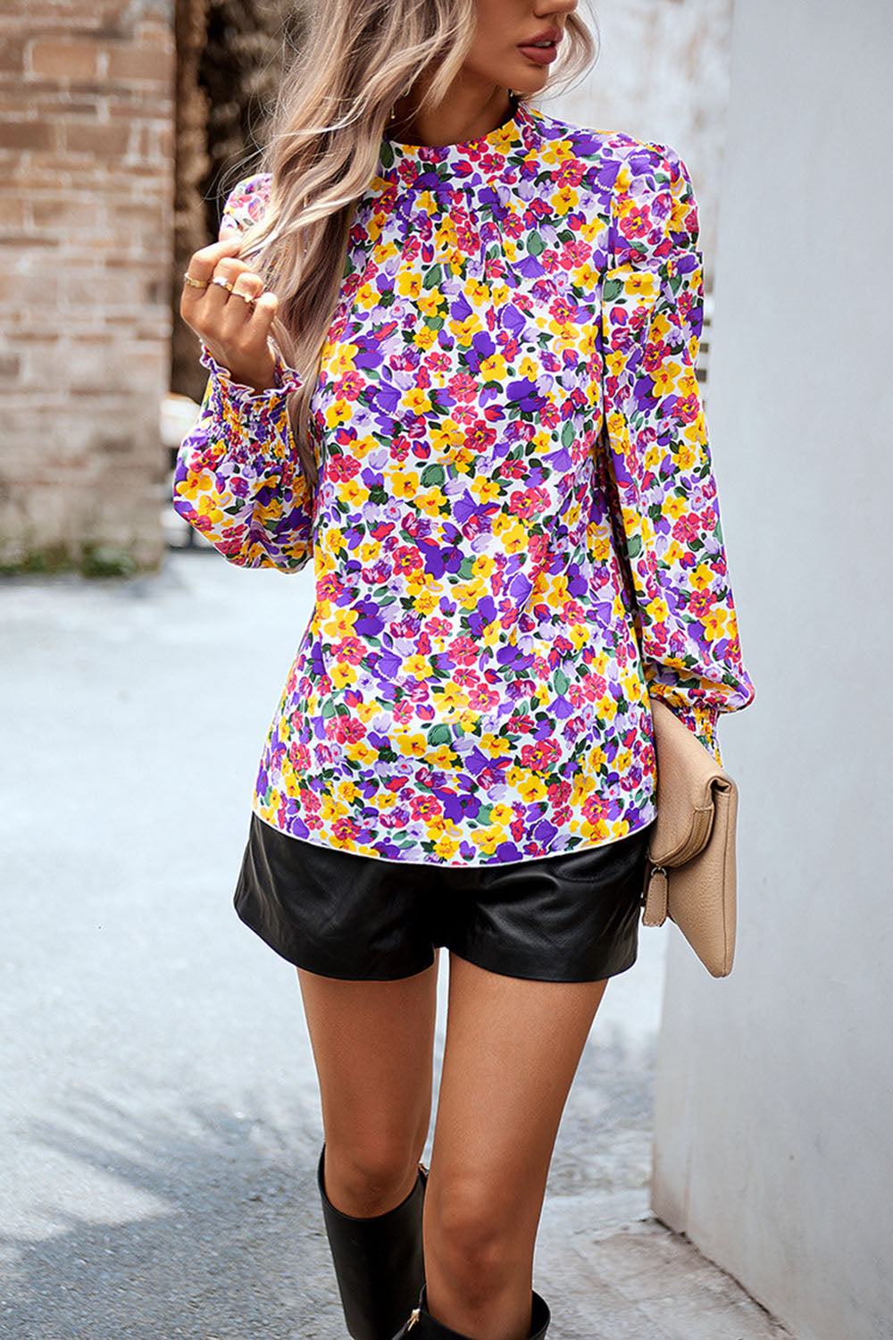 printed smocked puff sleeve blouse
