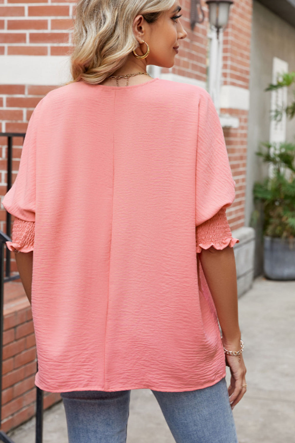 round neck smocked lantern sleeve blouse