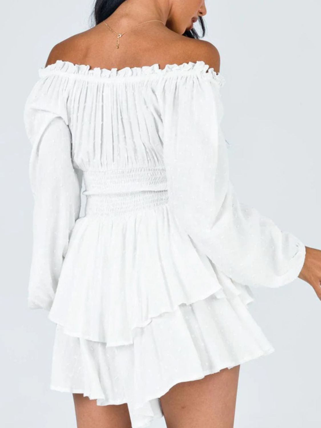 off shoulder smocked waist romper