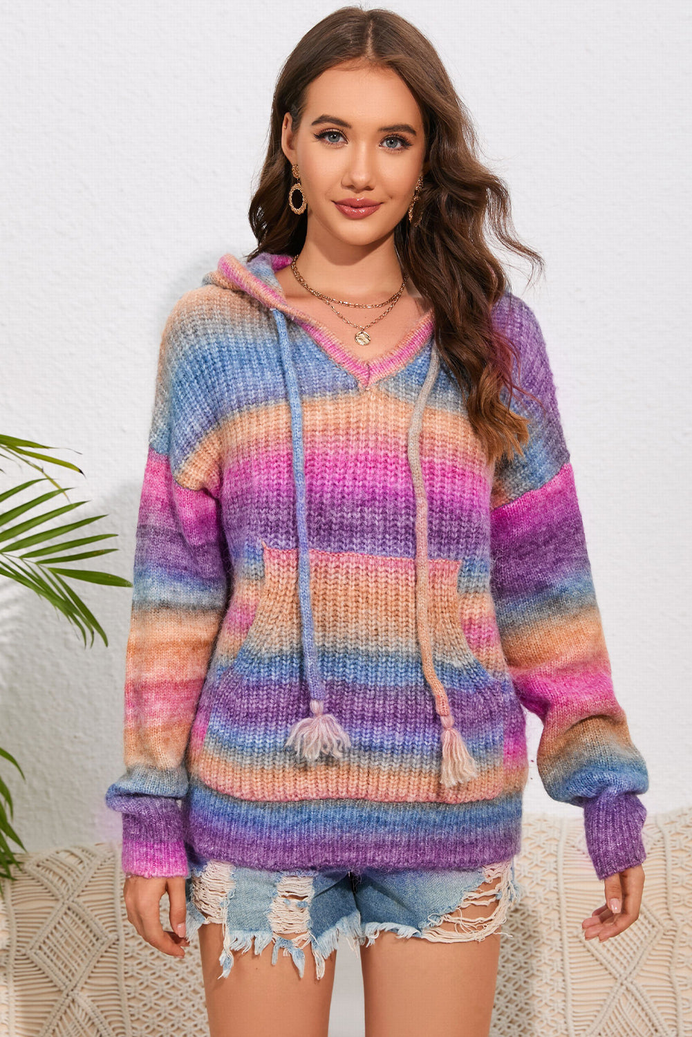 multicolor dropped shoulder hooded sweater