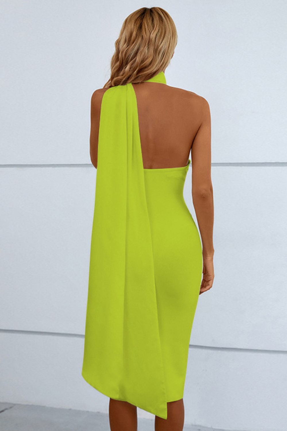 cascading detail halter neck bodycon dress