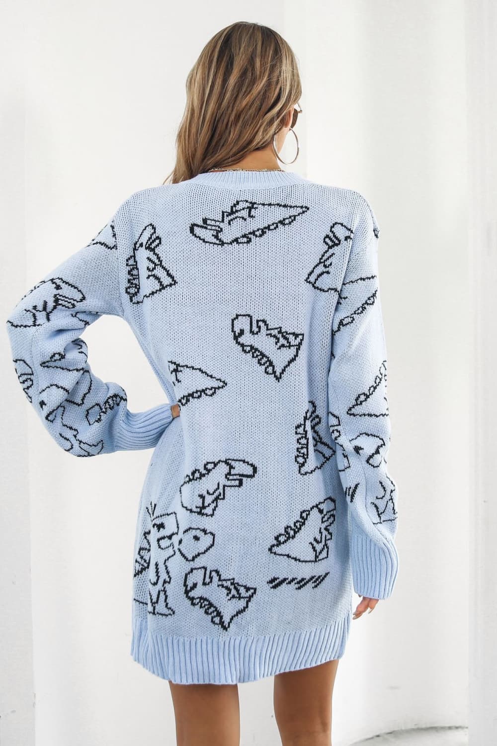 dinosaur pattern v-neck sweater dress