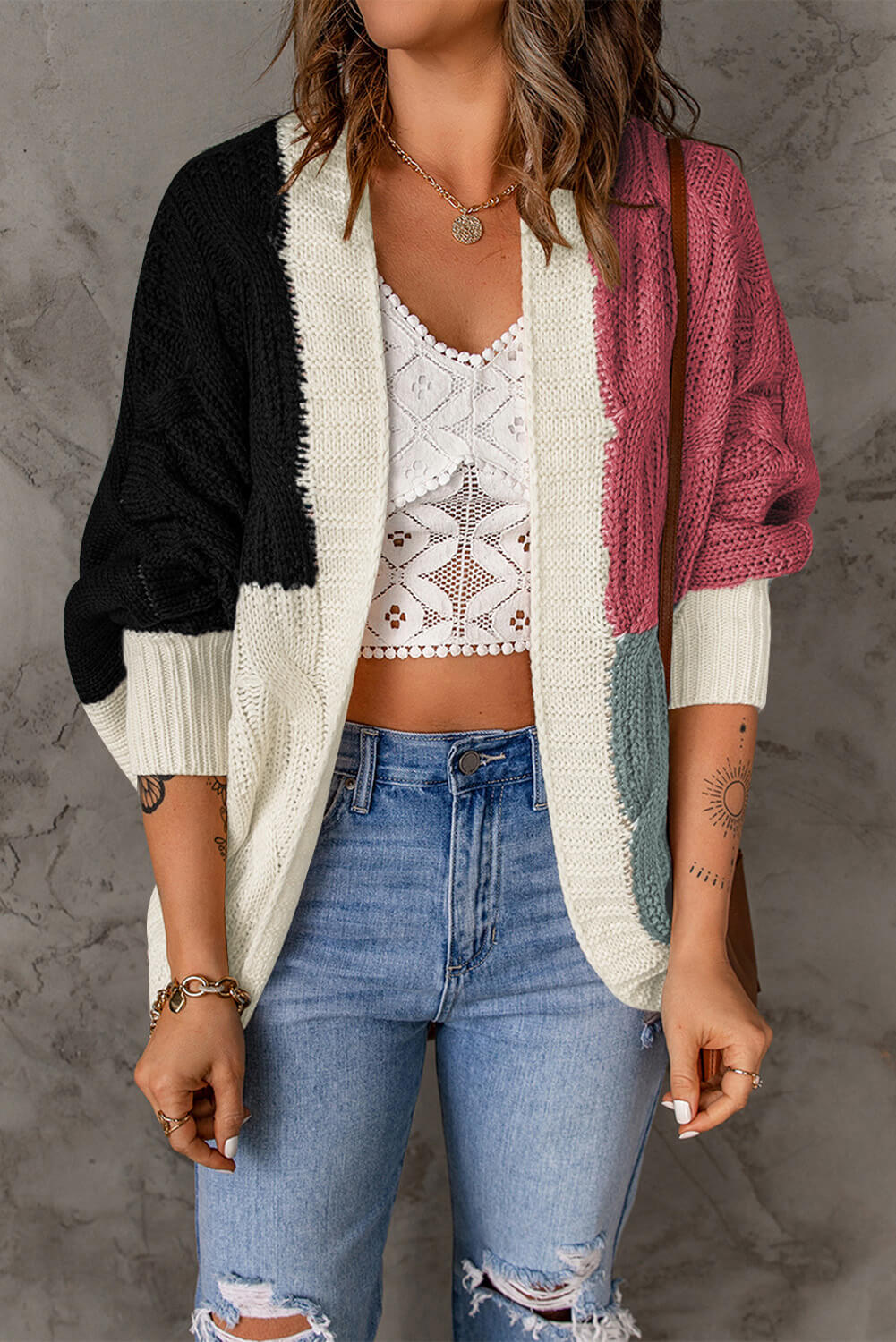 woven right color block cable-knit batwing sleeve cardigan