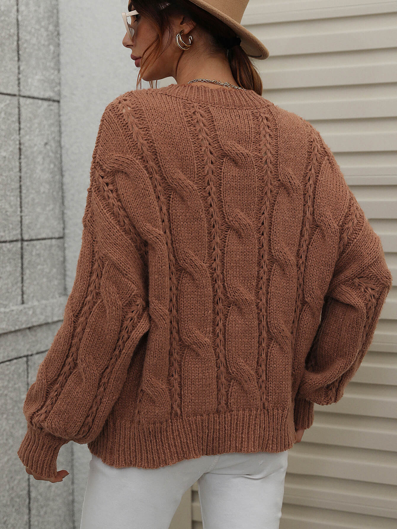 woven right cable-knit openwork round neck sweater