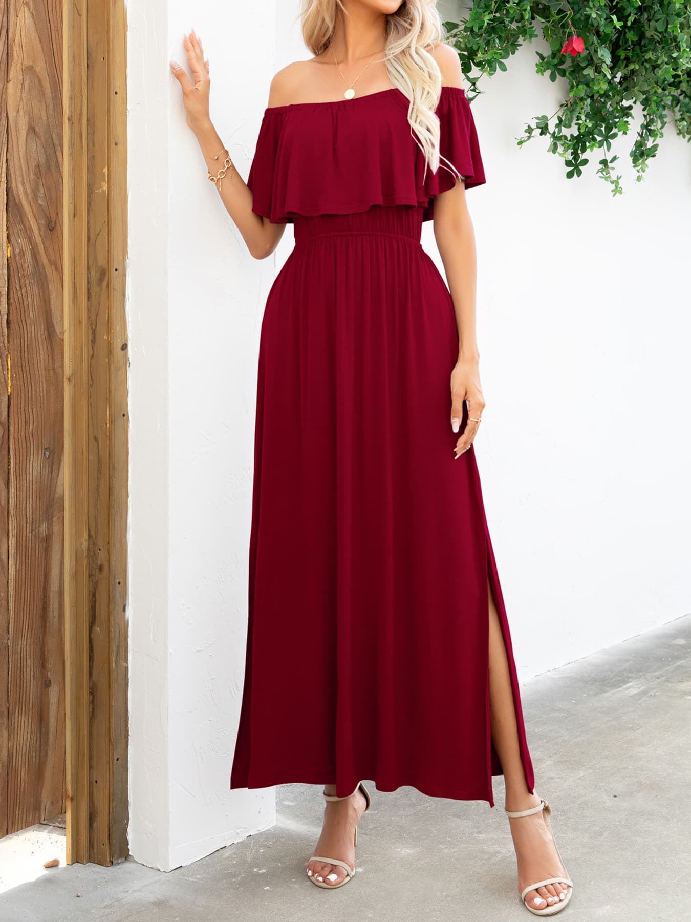 off-shoulder slit maxi dress