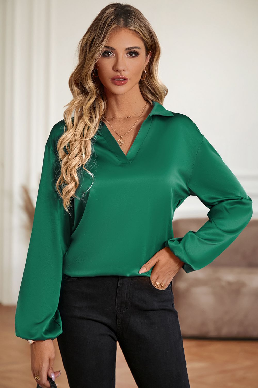 johnny collar lantern sleeve blouse