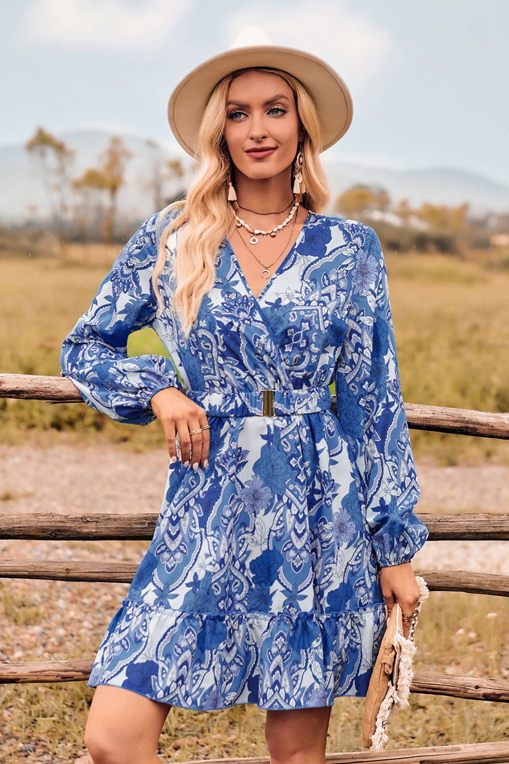 printed surplice neck long sleeve dress