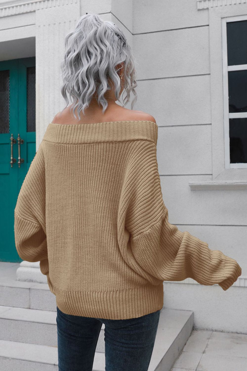 off-shoulder ribbed long sleeve pullover sweater