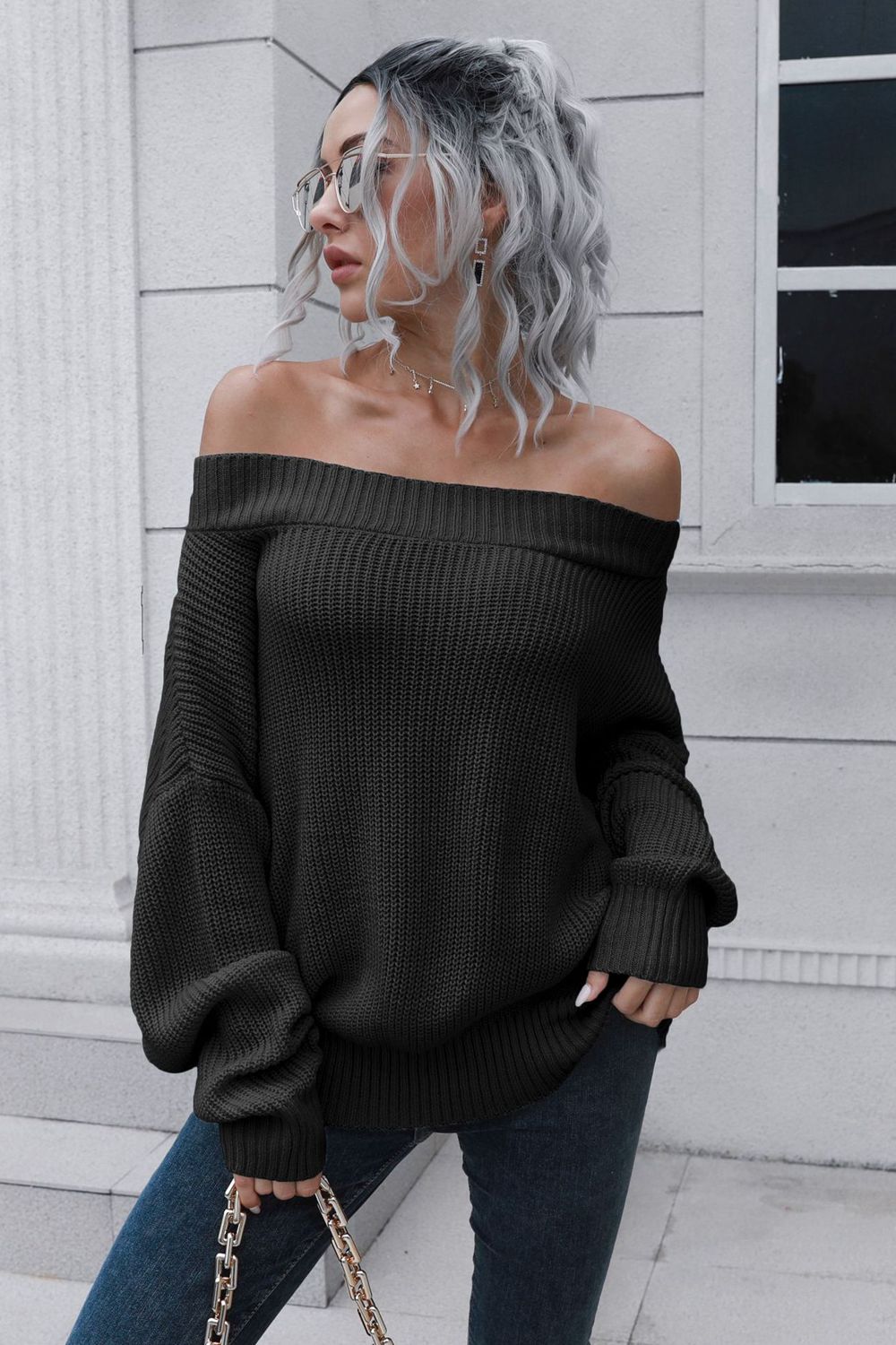 off-shoulder ribbed long sleeve pullover sweater