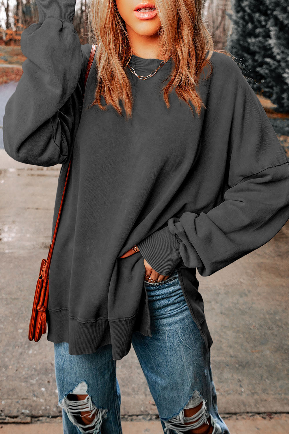 dropped shoulder round neck long sleeve blouse