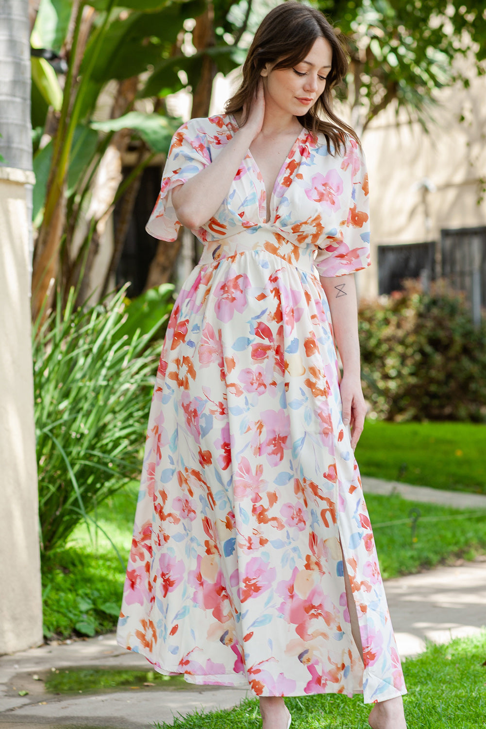 floral deep v slit maxi dress