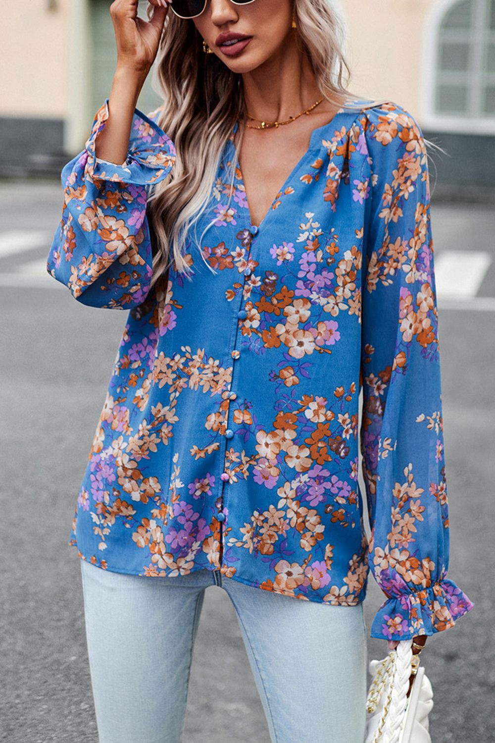 floral print flounce sleeve blouse