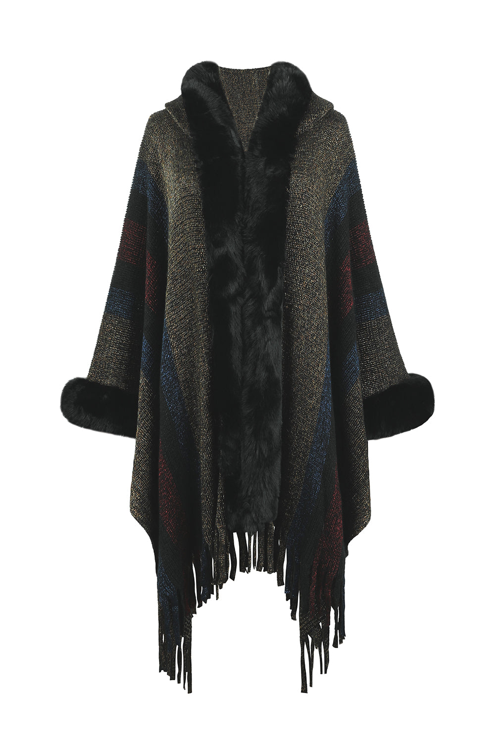 color block fringe detail poncho