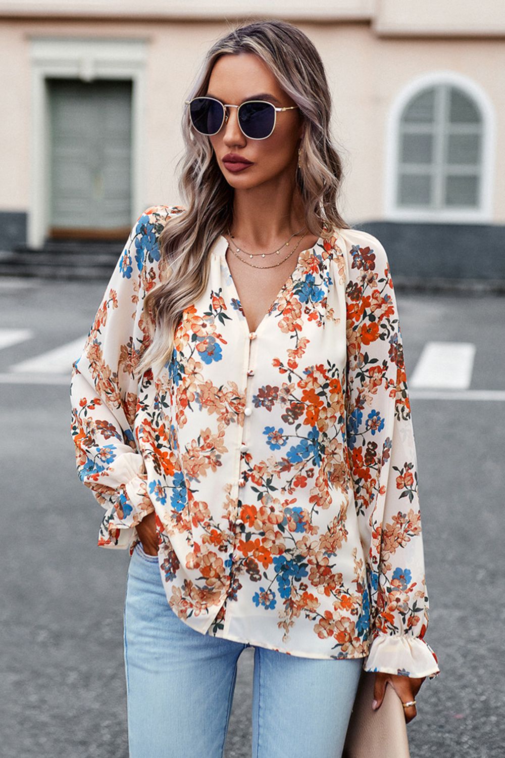 floral print flounce sleeve blouse