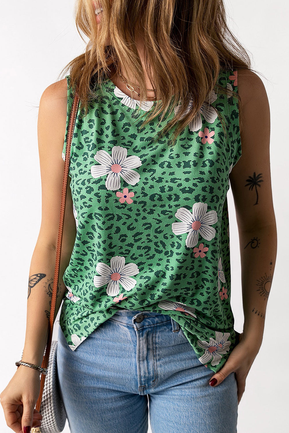 printed side slit round neck tank